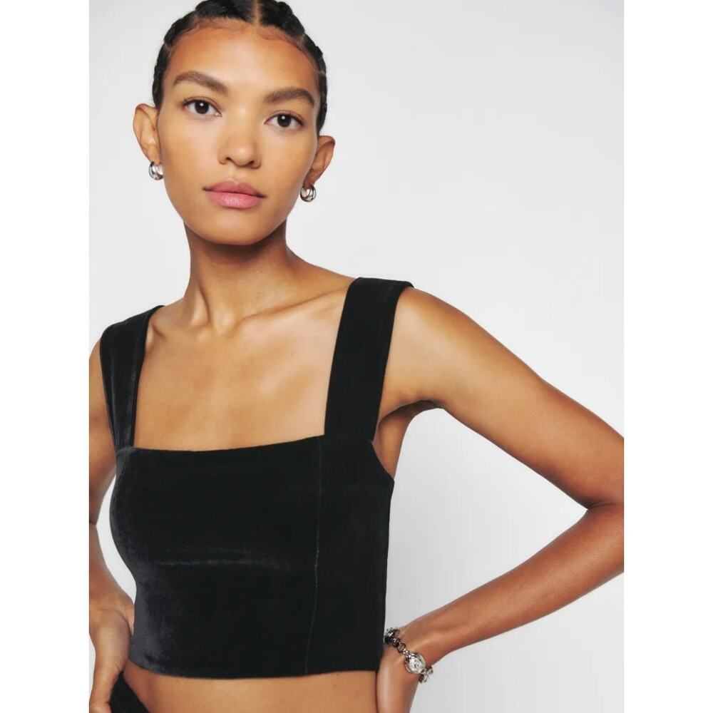Reformation Giulia Velvet Top Black Square Neck Cropped Silk Blenf Shell Size 0